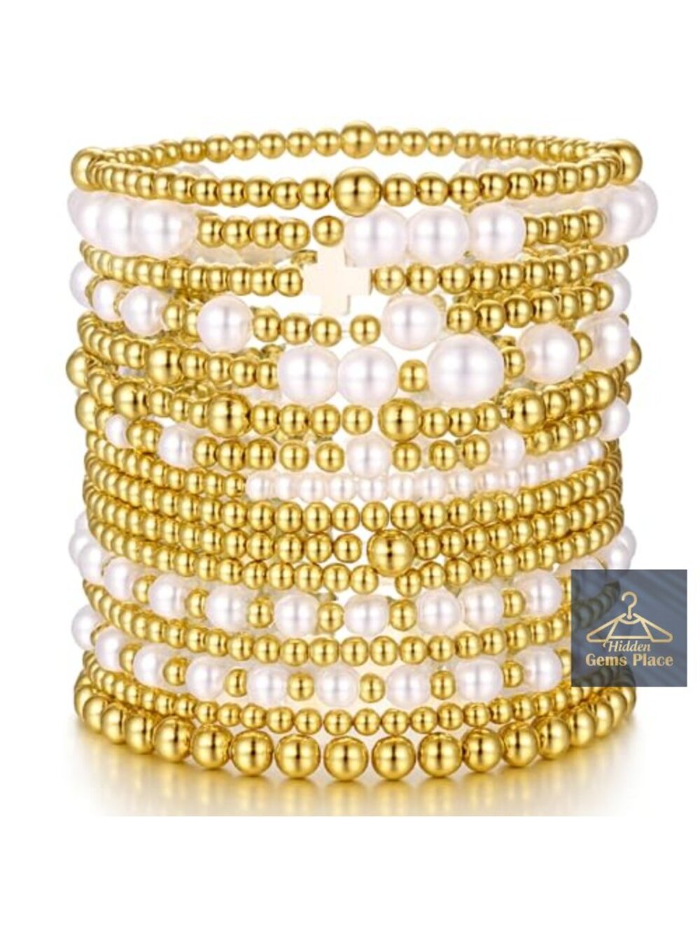 16 PCS Gold Bead Pearl Bracelet, Gold Plated Beaded Strand Ball Bracelet Set
